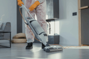 Professional cleaner using a vacuum cleaner
