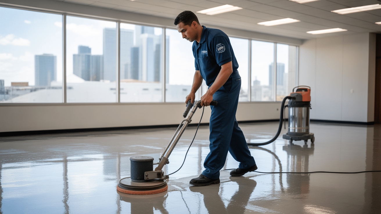 MB Floor Solutions Floor Stripping and Waxing Miami - Professional refinishing process showing mirror-like finish results