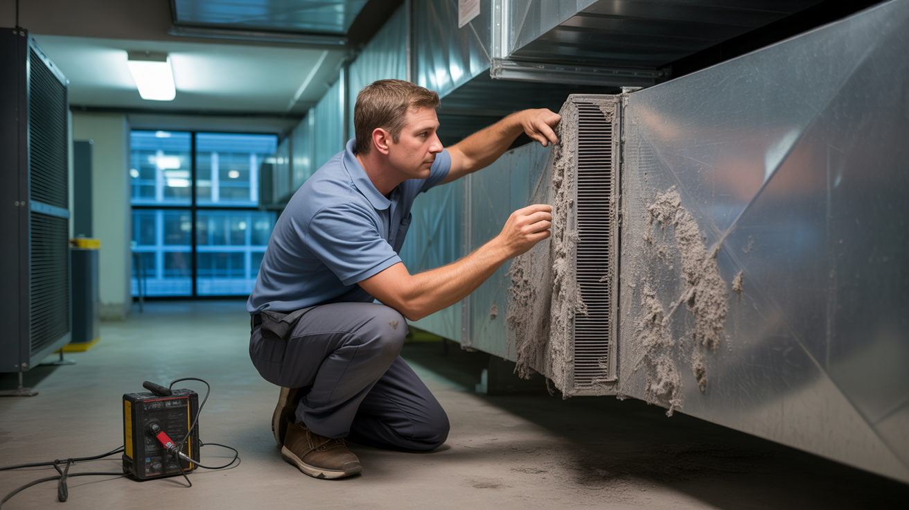 Professional HVAC technician inspecting commercial air duct system in Miami office building showing dust and contamination buildup