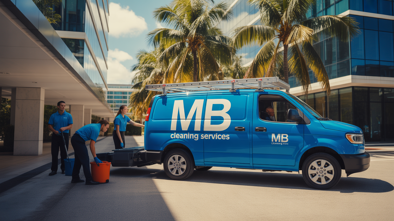 Professional cleaning team arriving at commercial office building in Miami with branded company vehicle and equipment