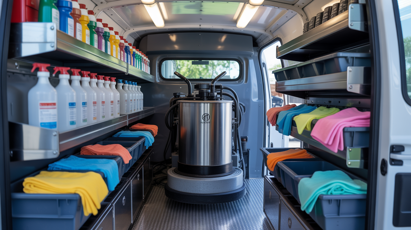 Commercial cleaning equipment and professional supplies organized in local Miami service vehicle ready for facility maintenance