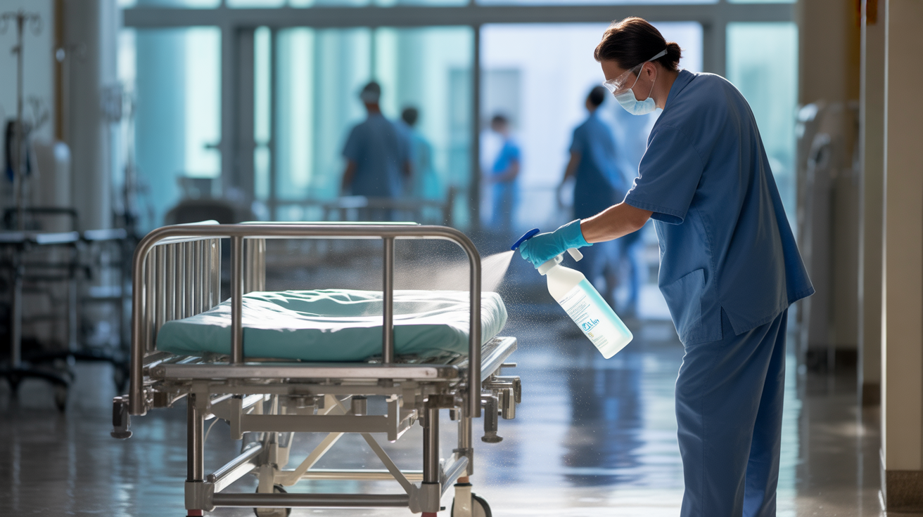 Healthcare professional using hospital-grade disinfection equipment in Miami medical facility patient room with proper PPE