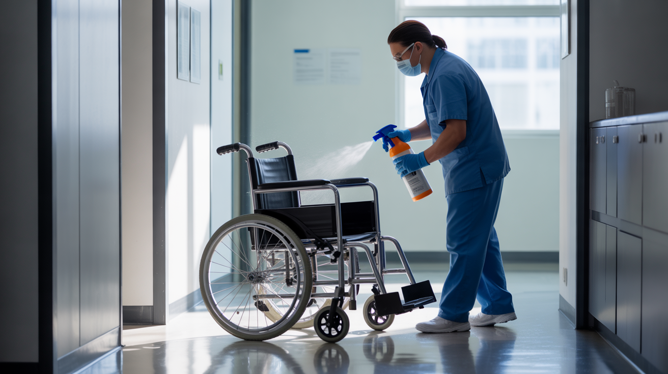 Professional cleaning technician disinfecting medical equipment including wheelchairs and stretchers in Miami healthcare facility