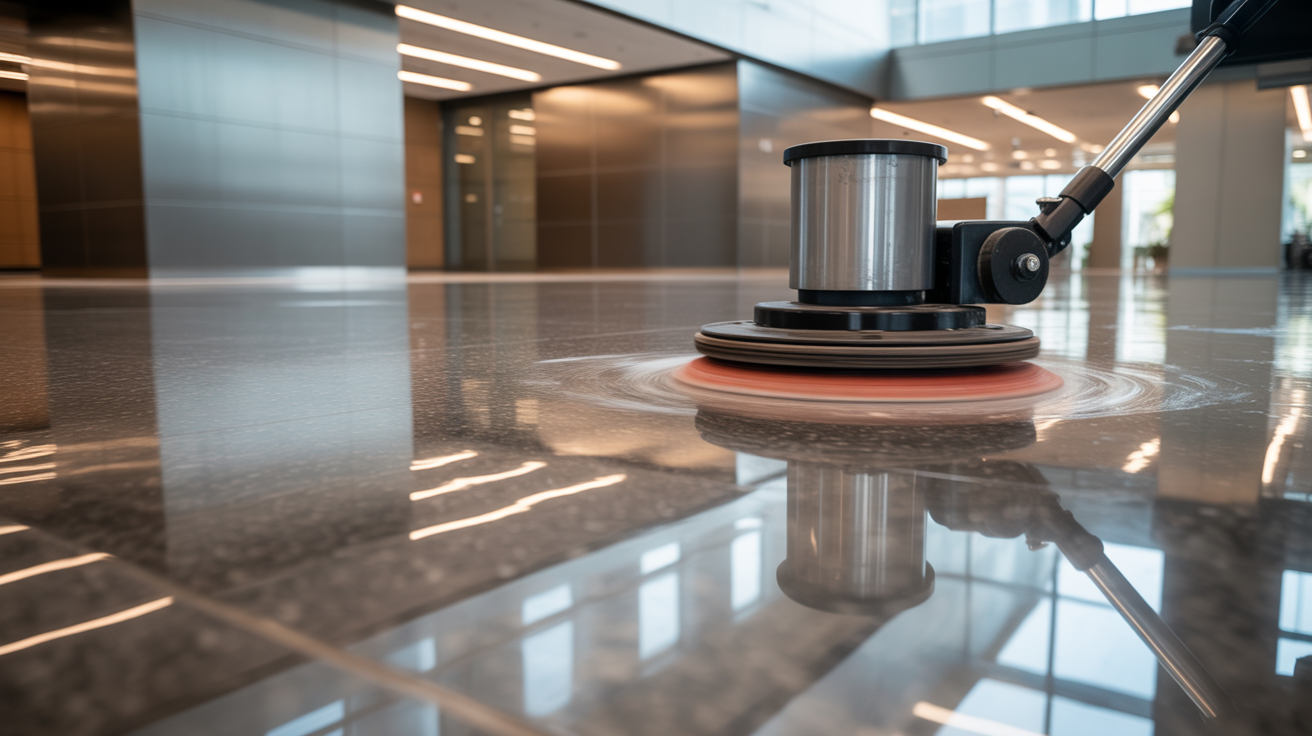 Professional commercial floor buffing and polishing creating high-gloss finish on VCT floor in Miami office
