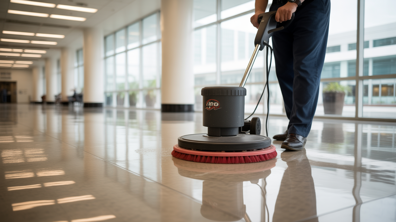 Professional floor stripping machine removing old wax finish from VCT commercial floor in Miami office building