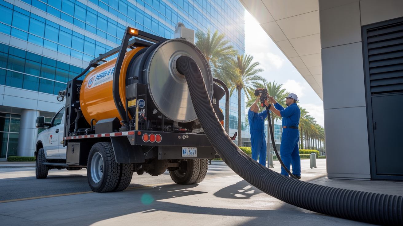 Professional commercial air duct cleaning equipment with HEPA vacuum system working on Miami office building HVAC