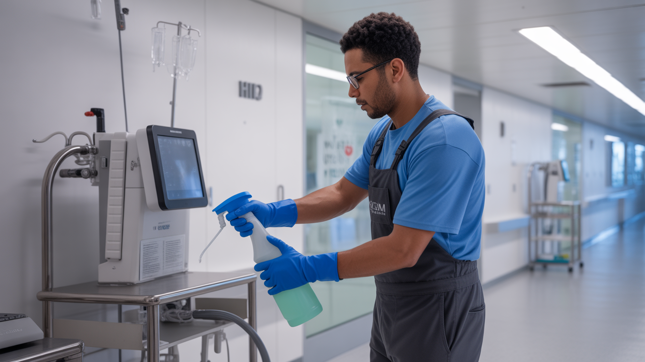 Professional cleaning technician using hospital-grade disinfection equipment in a Miami healthcare facility