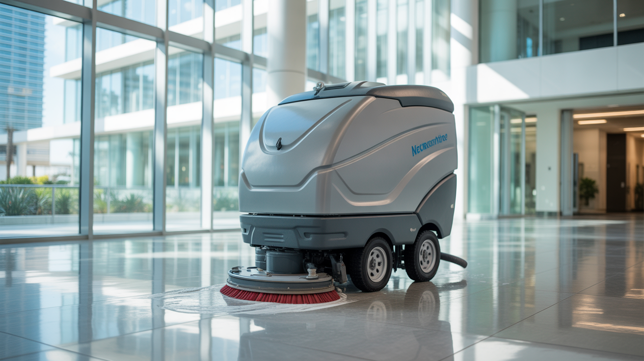 Commercial floor cleaning equipment working on a large office building lobby with glossy floors in Miami
