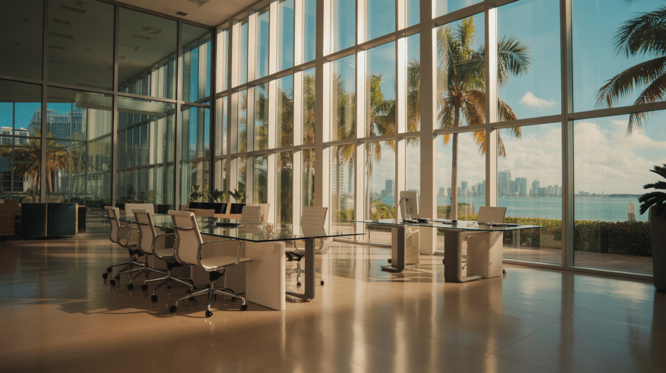 Modern Miami office building conference room with polished floors and professional cleaning