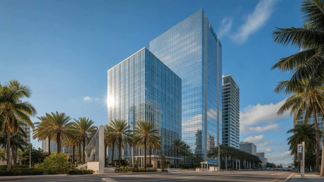 Professional Miami office building exterior with palm trees and modern architecture