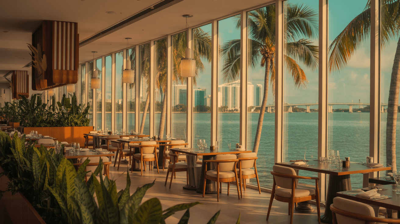 Professional Miami restaurant interior with clean polished floors and dining area