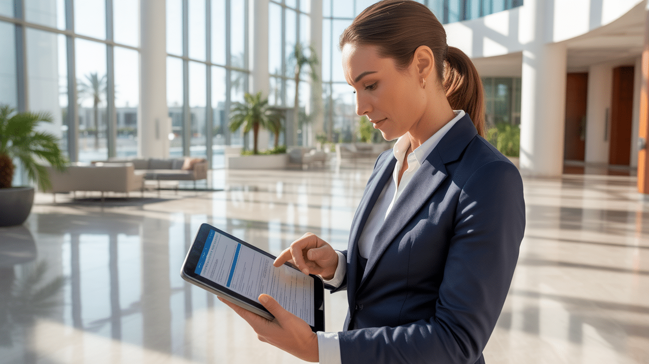 Miami business owner reviewing commercial cleaning service quotes with professional cleaning company representative in modern office setting
