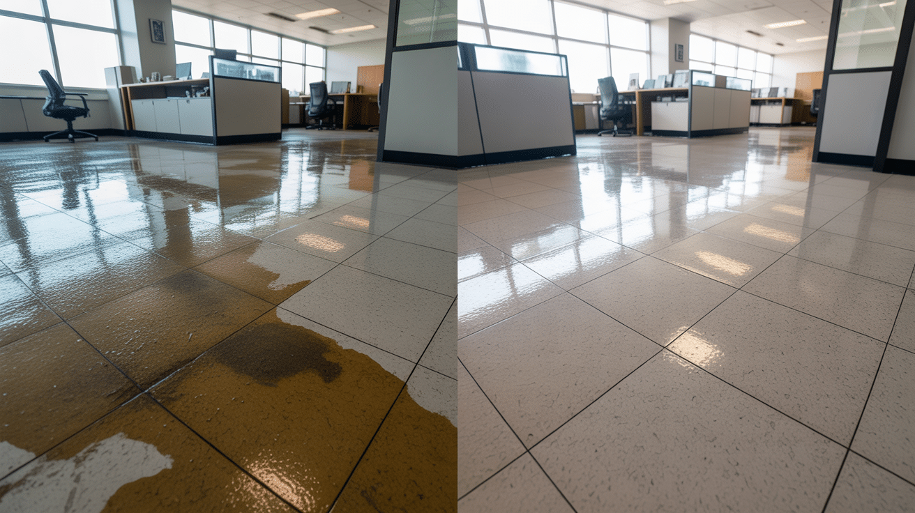 Before and after comparison of Miami office showing transformation from visibly dirty workspace to professionally deep cleaned environment