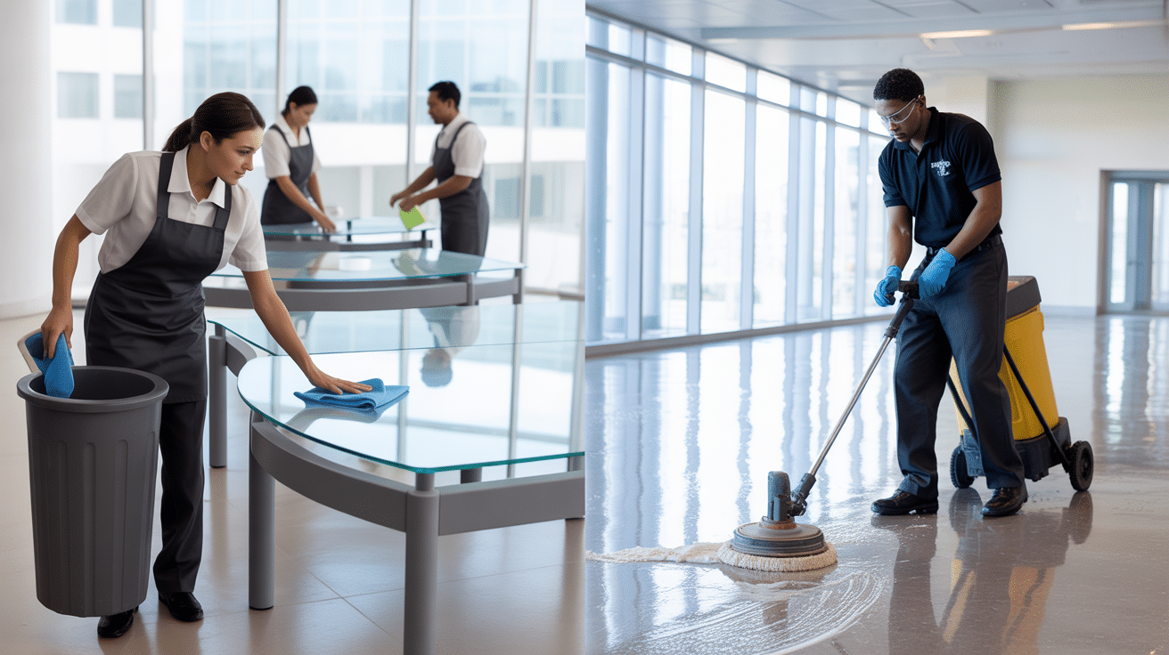 Janitorial services vs deep cleaning Miami comparison showing daily maintenance and professional floor stripping