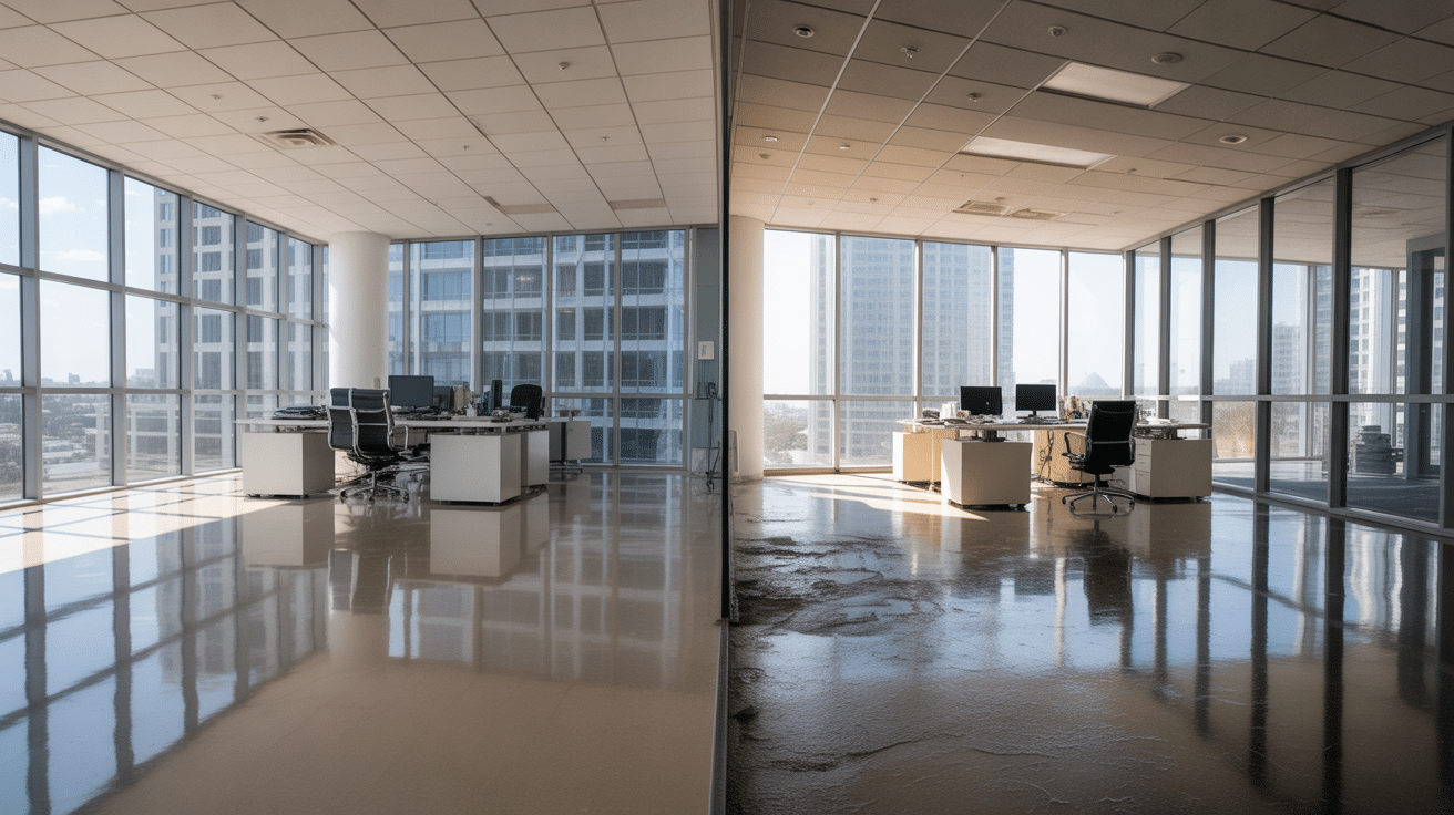 Split comparison showing well-maintained commercial office with gleaming floors versus poorly maintained office with dull dirty floors demonstrating importance of quality commercial cleaning