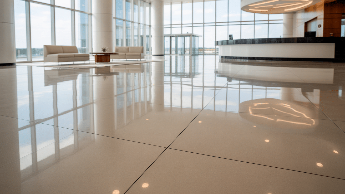 Professional deep cleaning results showing gleaming waxed VCT floors in Miami office building lobby