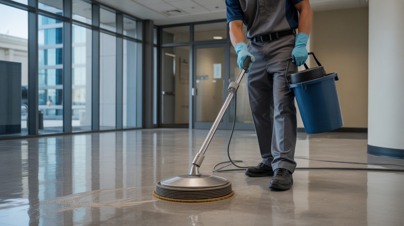 Facility manager inspecting office cleanliness issues in modern Miami commercial space requiring professional deep cleaning intervention