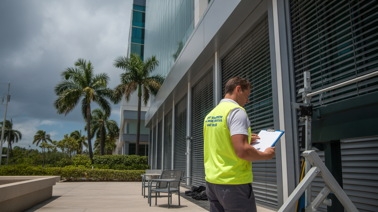Miami facility manager conducting pre-hurricane preparation securing commercial building and reviewing preparation checklist