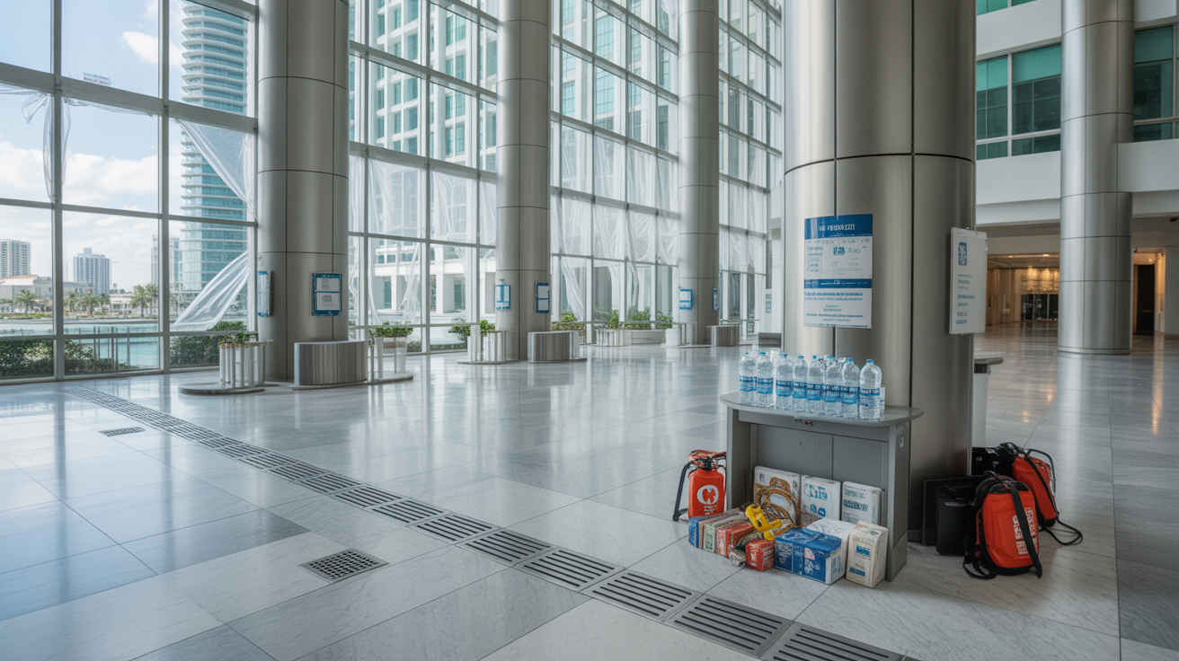 Well-prepared Miami commercial facility interior showing hurricane readiness with secured furniture and protected floors